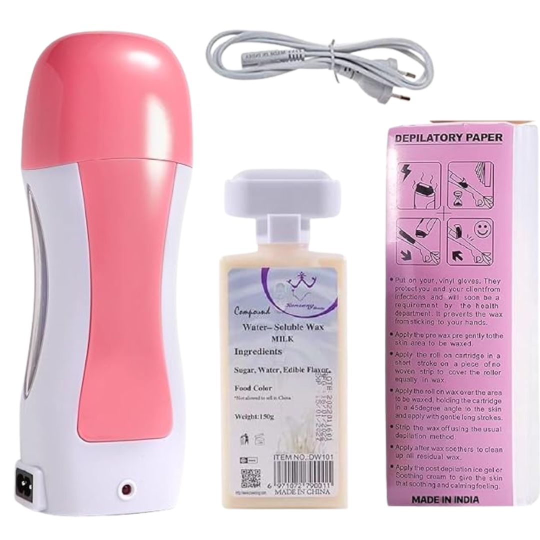LRHAK Waxing Kit Combo Wax Heater Machine Wax Hair Removal Wax Warmer, Roller Roll on Heater Machine Kit Refill Cartridges, and Waxing Strips for Women (Wax, Heater Combo)