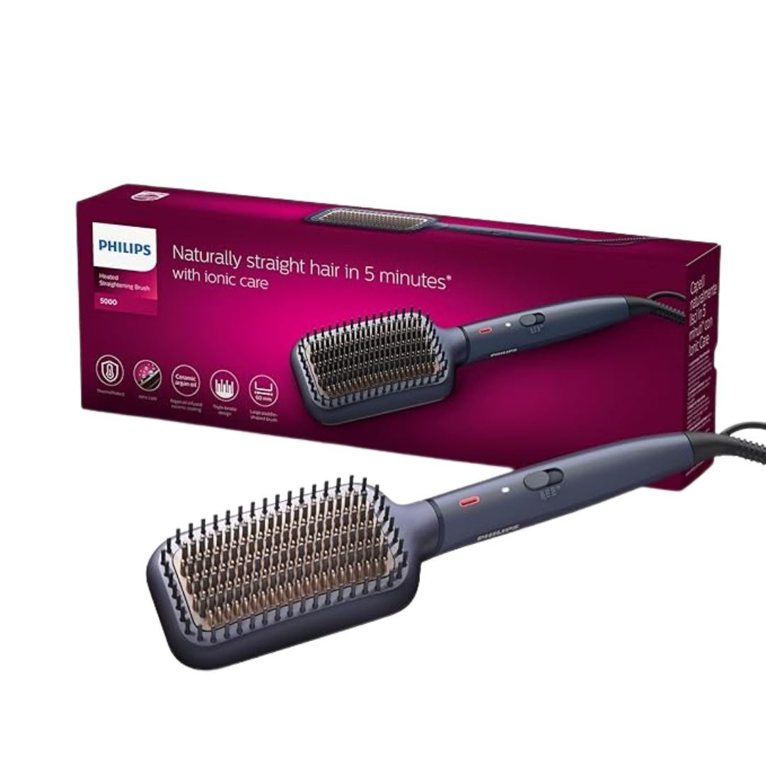 Philips Hair Straightener Brush- Advanced Ionic Care for 5X Better Frizz Free Hair in 5min I Style with 2X More Volume |Stunning Shine I No Scalp Burns | ThermoProtect Technology I Argan Oil Bristles I 3 Temp Settings | BHH885/10