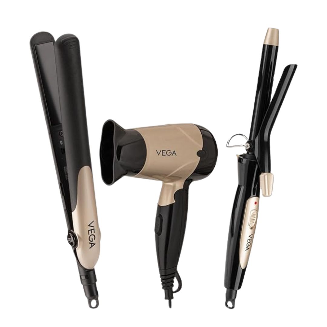 Vega Miss Versatile Styling Set Straightener, Curler & Dryer Gift Combo for Women, 1000W Hair Dryer with 2 Head/Speed Setting, Hair Straightener & Curler comes with Ceramic Coated, (VHSS-03), Black