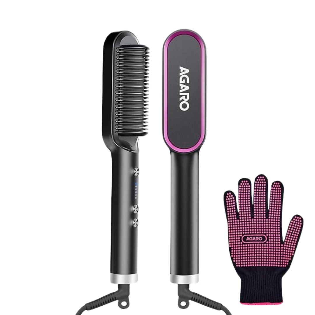 AGARO Hair Straightening Brush, Hair Straightening Comb For Women, Fast Heating, Ionic Care, 5 Heat Settings, Hair Straightener, Hot Brush, Gives Naturally Straight Hair in 5 Mins, Black, HSB2107