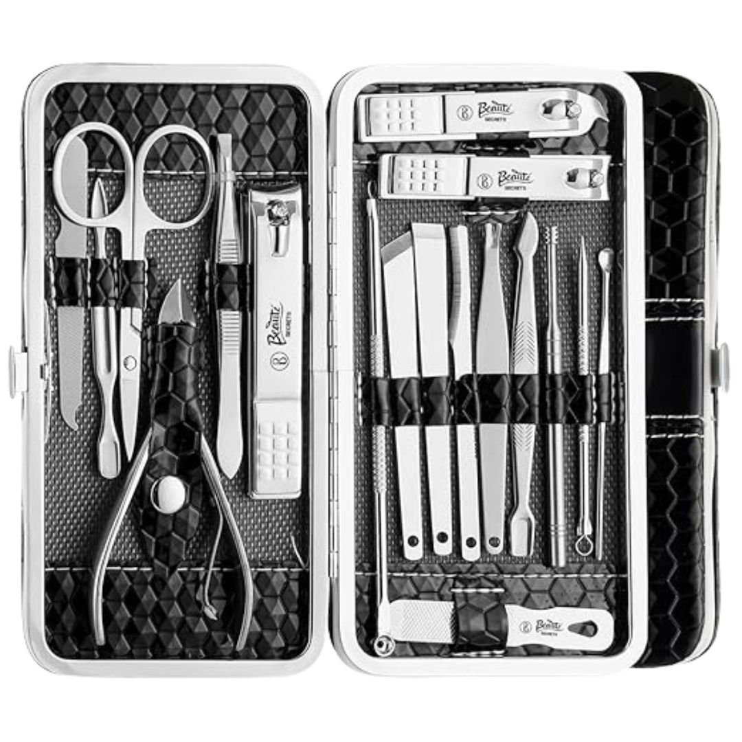 Beauté Secrets Essentials 18 Pieces Manicure Kit, Pedicure Tools for Feet, Nail Clipper, Ear Pick Tweezers, Manicure Pedicure Set for Women and Men (Black)
