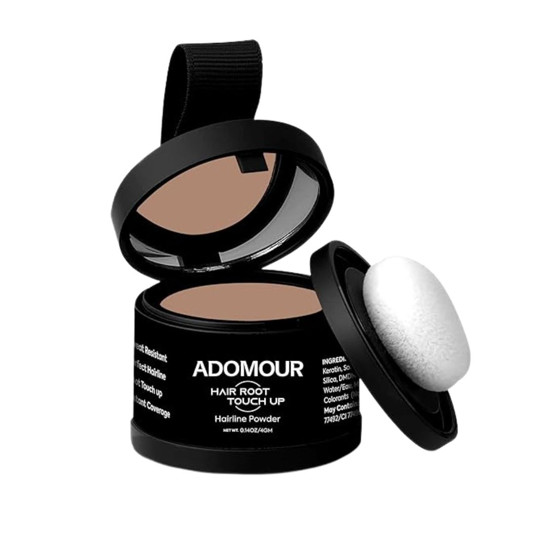 ADOMOUR Root Touchup Powder - Instant Coverage for Hair Loss, Bald Patch & Grey Hair | Sweat & Stain Resistant 24HR Formula | Hairline Powder For Men & Women (Medium Brown, 4g)