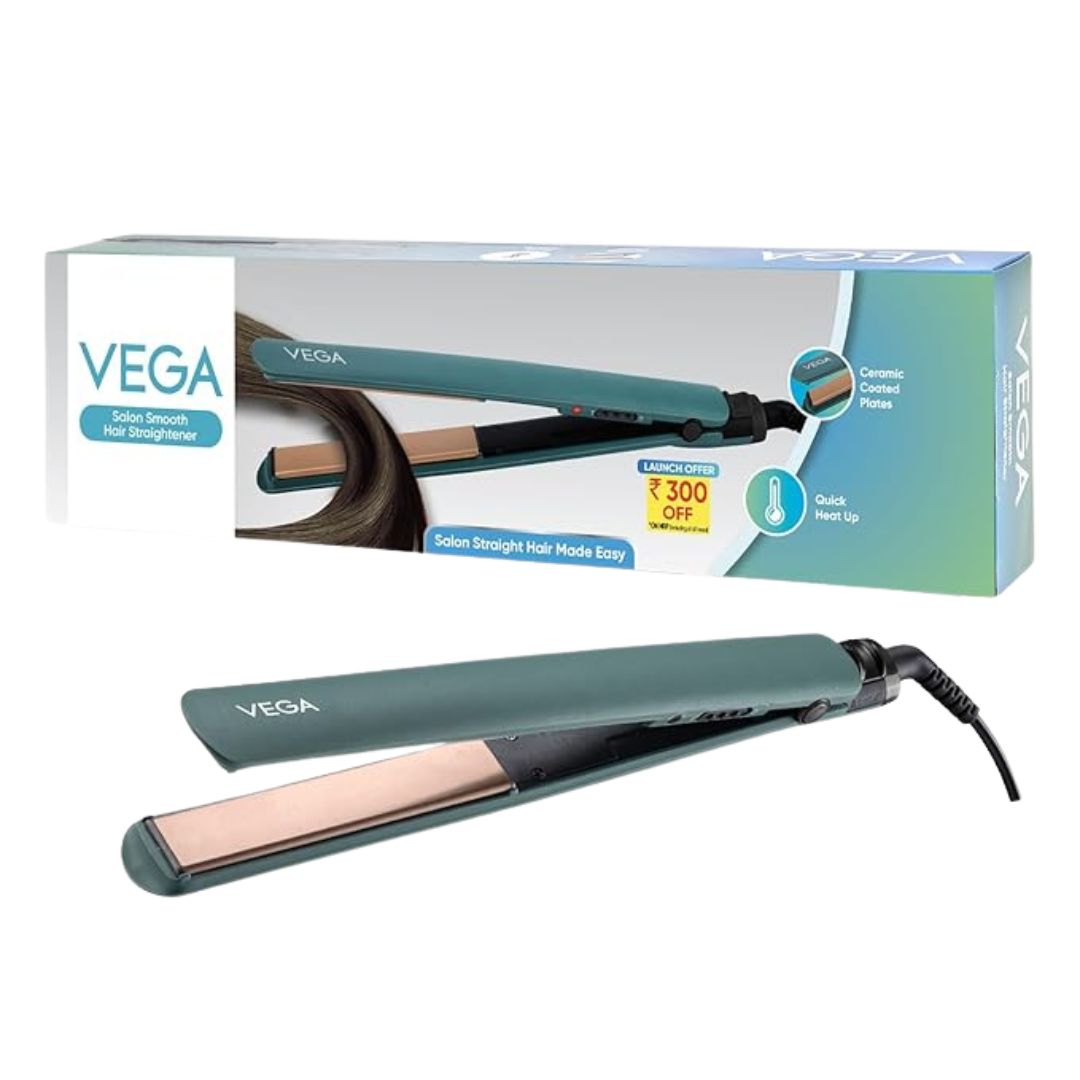 Vega Salon Smooth Hair Straightener for Women with Ceramic Coated Plates, Quick Heatup & Travel Friendly, Travel Lock, Green (VHSH-42)