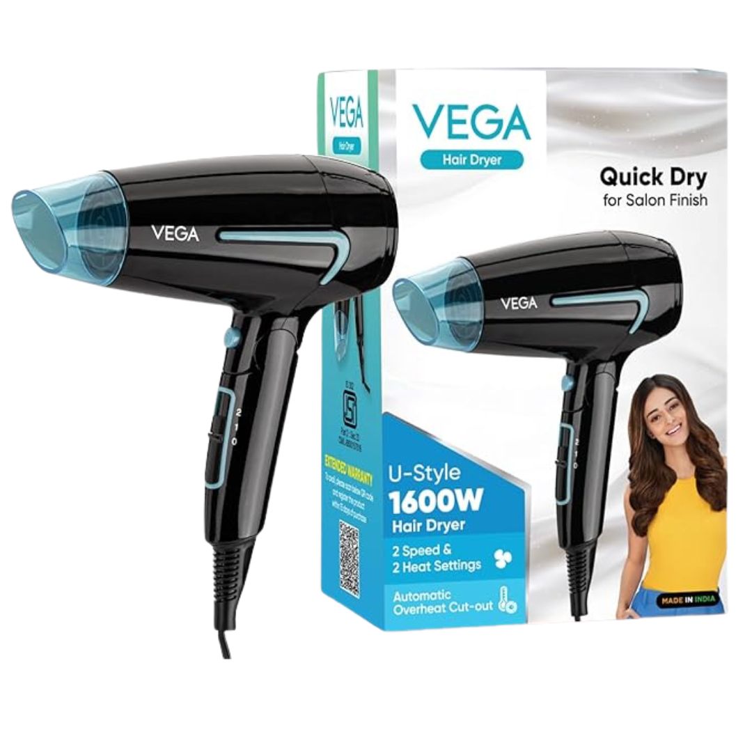 Vega U Style Foldable Hair Dryer for Women & Men with 1600 Watts, Cool Shot Button, 2 Speed/3 Heat Settings, Detachable Nozzle, Travel Friendly, Fast Hair Drying, (VHDH-24), Black