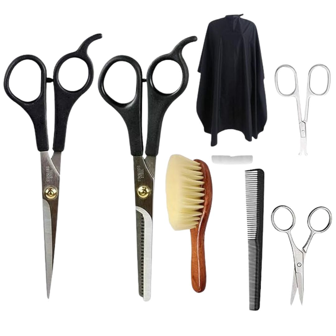 GutarGoo® 7In1 Professional Parlour Cutting Set (hair cutting scissors,Double Thinning Scissor, Hair Cutting Sheet Apron, neck duster, Comb, Eyebrow Scissors, Scissor For Nose Hair