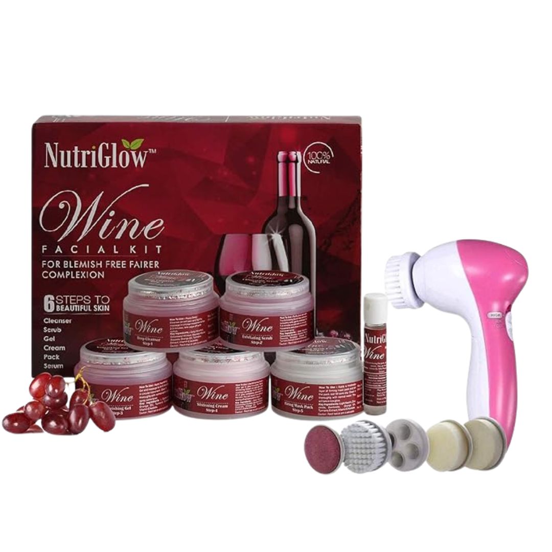 NutriGlow Wine Facial Kit with Red Grape Extracts – 6-Step Skincare Routine for All Skin Types, 260g | Includes Free 5-in-1 Face Massager for Men & Women