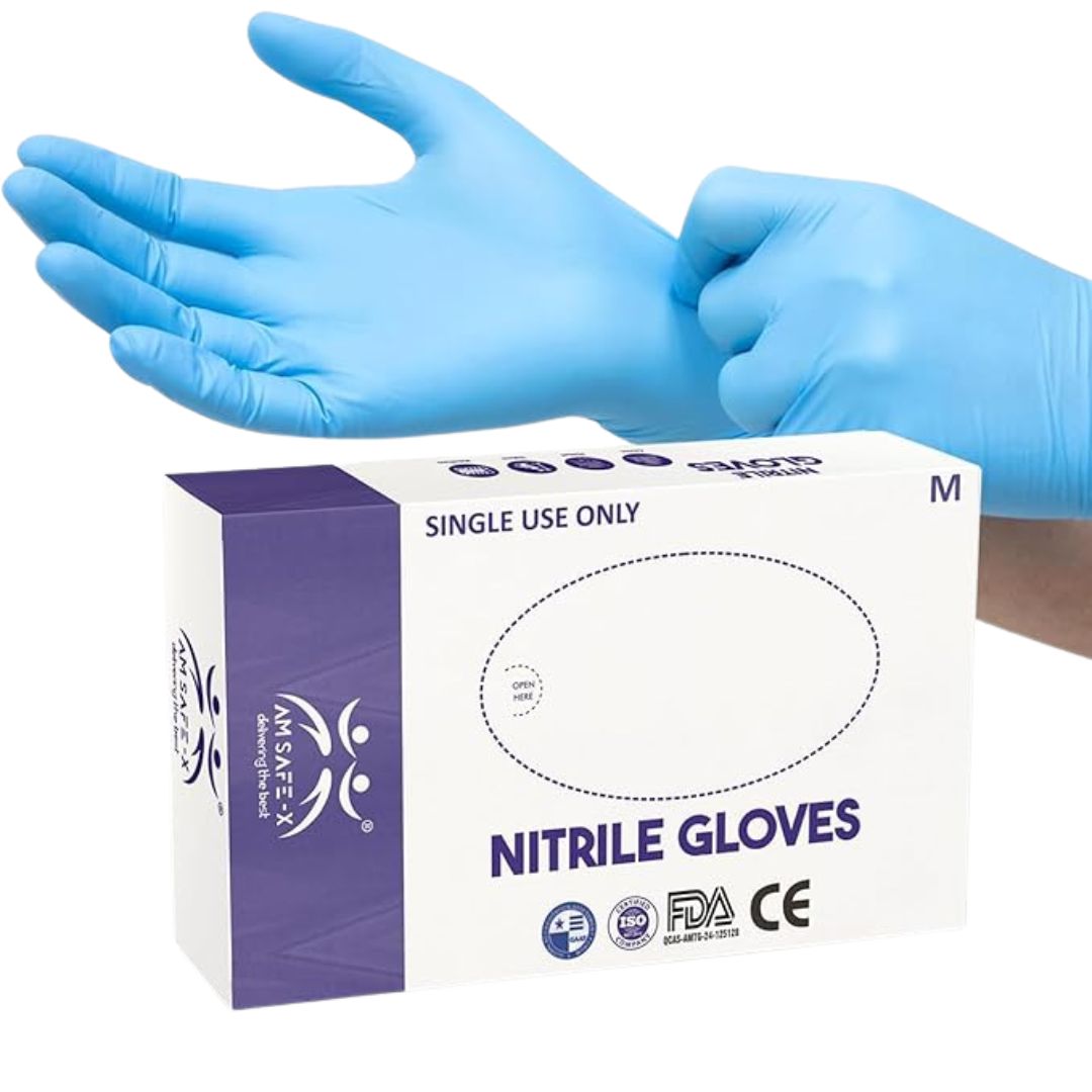 AM SAFE-X Nitrile Gloves Powder-Free, Blue (Medium) -100 Pieces