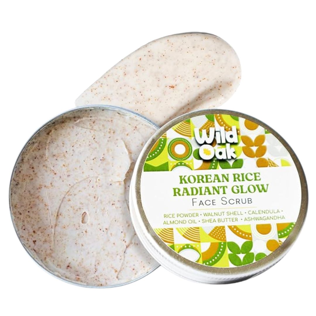 WildOak Korean Rice Face Scrub | Glass Skin & De-Tan | Boosts Collagen Naturally | Gentle Exfoliation for Glowing,Youthful Skin | Anti-Aging & Tan Removal | Hydrates & Repairs Skin Barrier | 100g